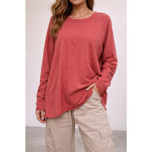 Free People We The Free Wander Tee Oversized Long Sleeve Top Small Rust